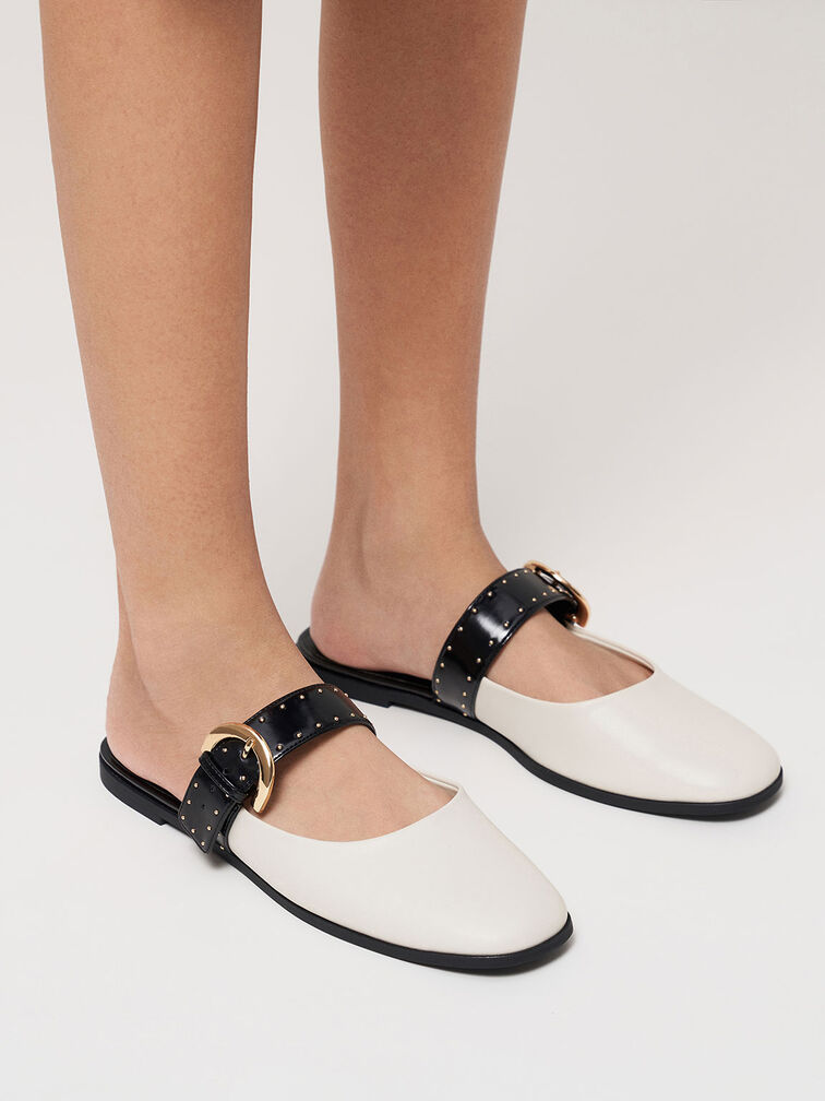 Studded Buckled Flat Mules, Chalk, hi-res