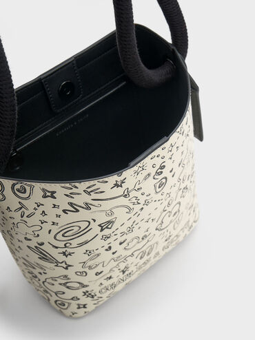 Gwiana Knotted Printed Bucket Bag, Cream, hi-res
