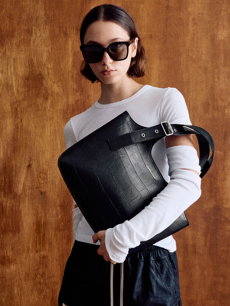 Liv Croc-Effect Tote Bag, Noir, hi-res