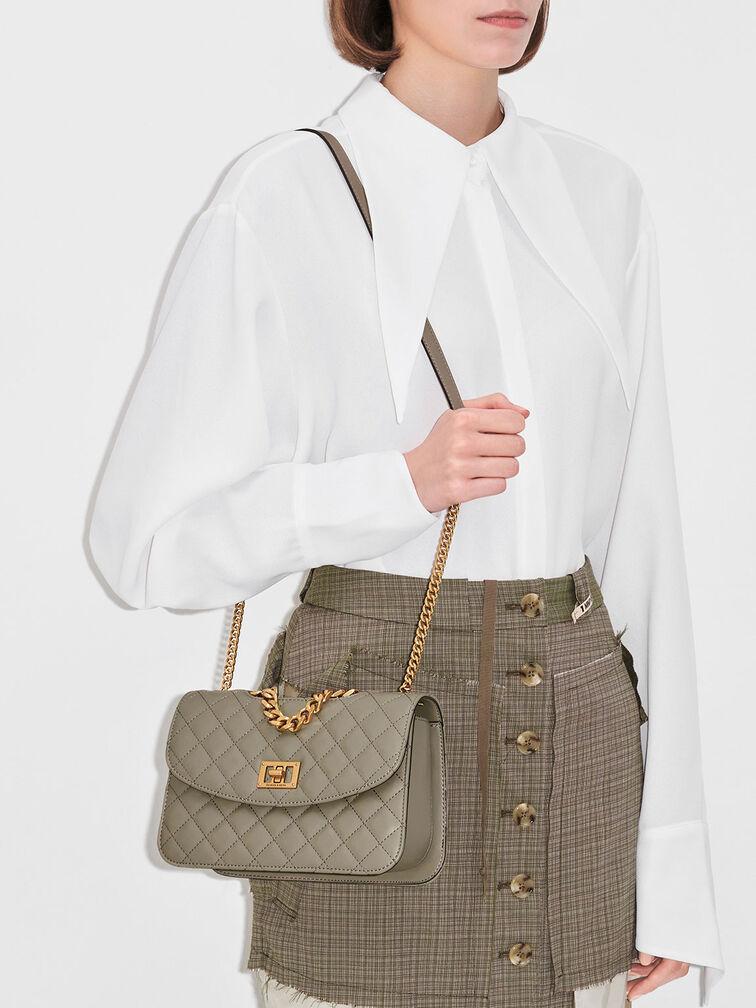 Quilted Chain Bag, Taupe, hi-res