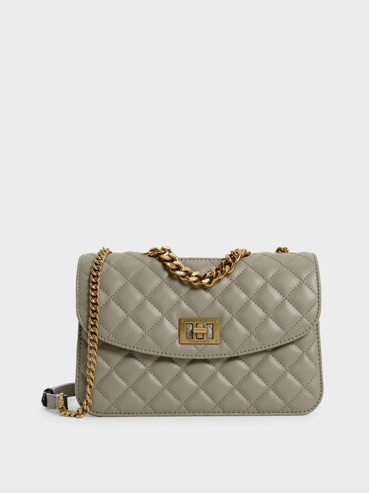 Quilted Chain Bag, Taupe, hi-res