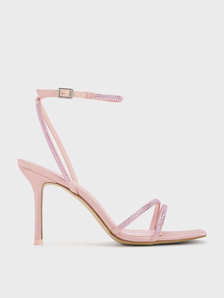 Satin Crystal-Embellished Stiletto-Heel Sandals, Light Pink, hi-res