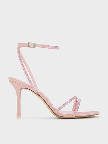 Satin Crystal-Embellished Stiletto-Heel Sandals, Light Pink, hi-res