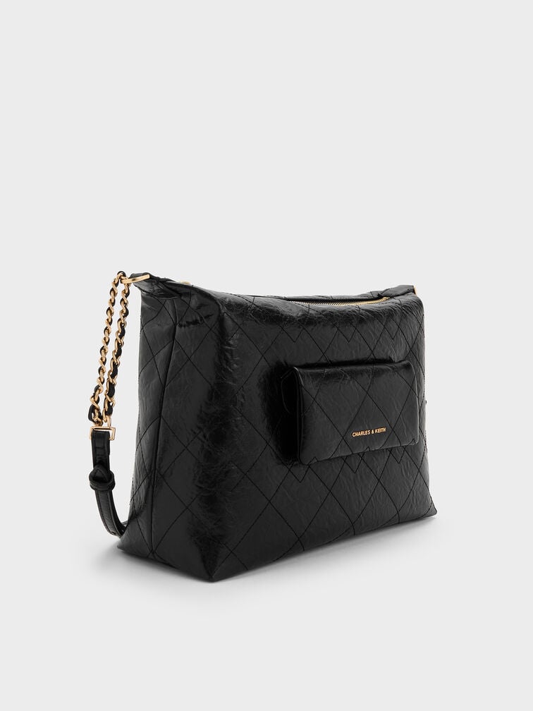 Duo Quilted Front-Pocket Hobo Bag, Black, hi-res