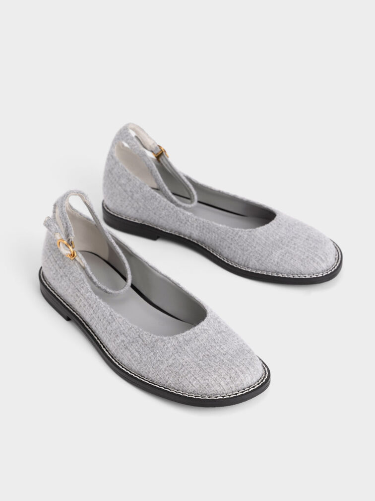 Stitch-Trim Knitted Ankle Strap Ballerinas, Light Grey, hi-res