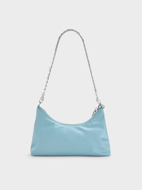 Satin Crystal-Embellished Chain-Handle Two-Way Bag, Sky Blue, hi-res