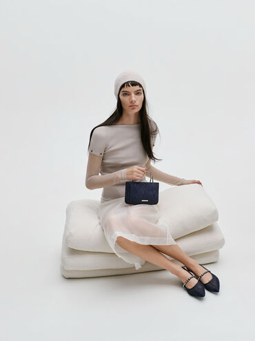 Jennis Lace & Satin Top Handle Bag, Dark Blue Textured, hi-res