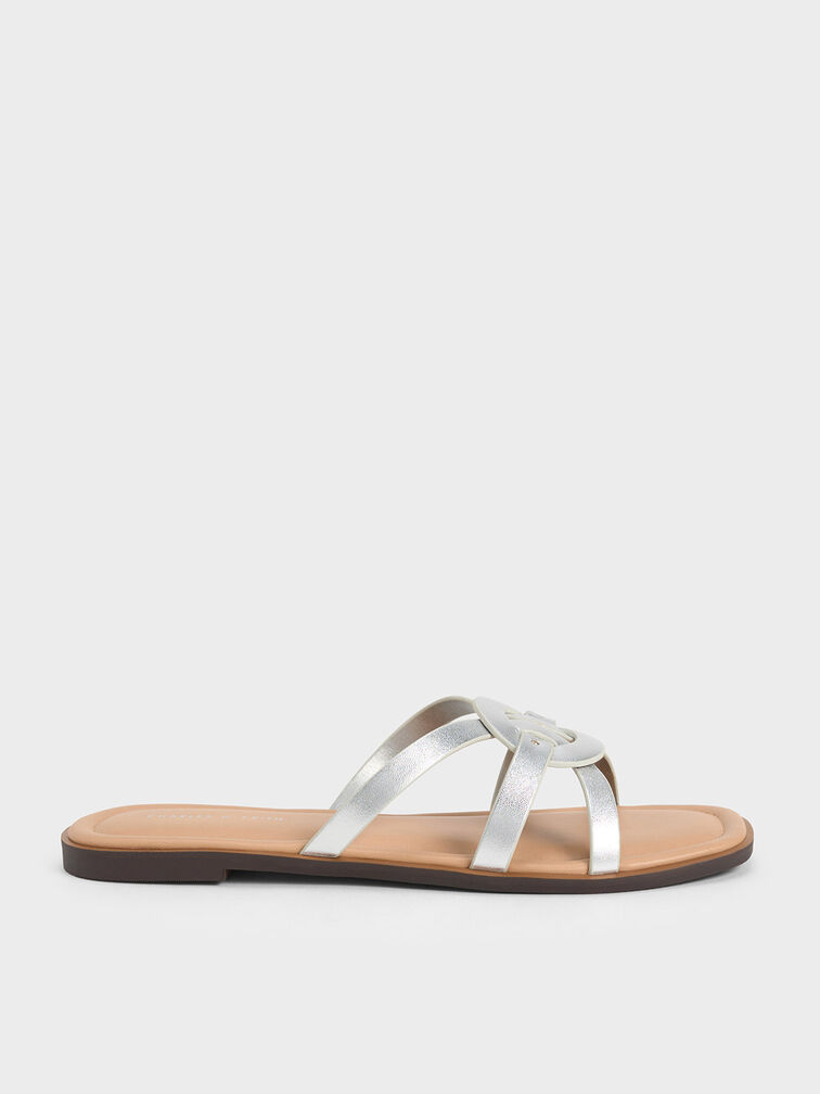 Ring Detail Strappy Flats, Silver, hi-res