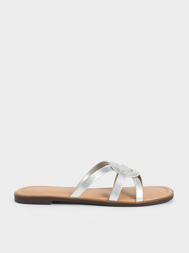Ring Detail Strappy Flats, Silver, hi-res