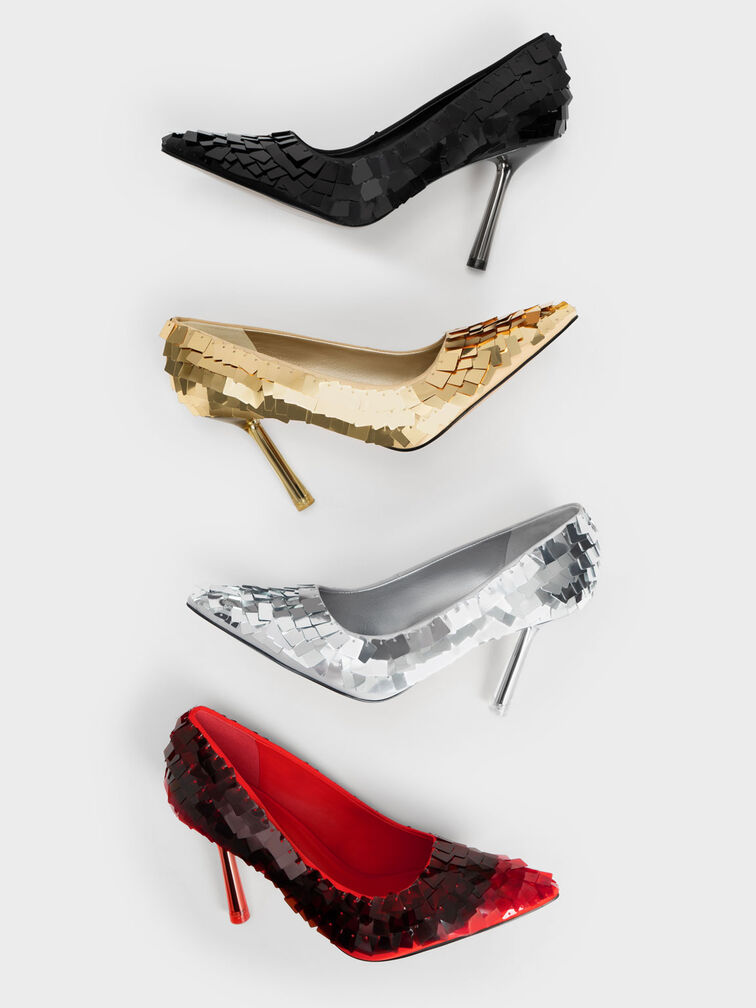 Sequinned Stiletto Heel Pumps, Silver, hi-res
