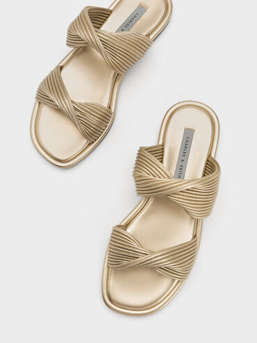 Pleated Twist Strap Slides, Gold, hi-res