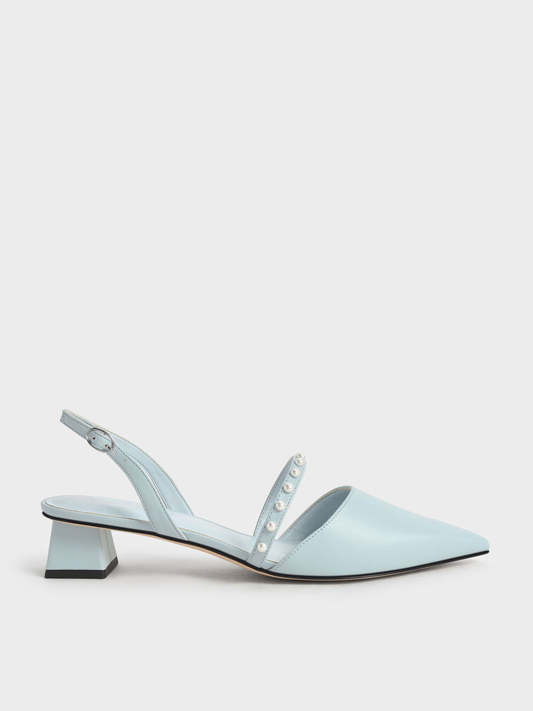 Pearl-Embellished Slingback Pumps, Light Blue, hi-res
