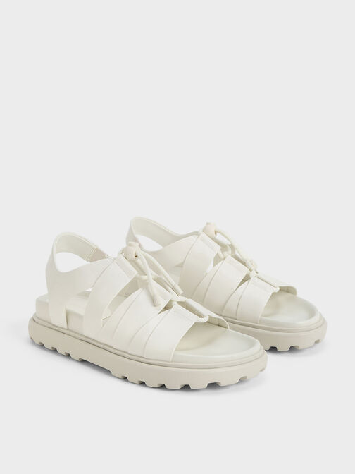 Patent Drawstring Lace-Up Sandals, White, hi-res
