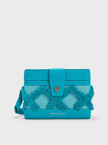 Bronte Frayed Denim Boxy Crossbody Bag, Blue, hi-res