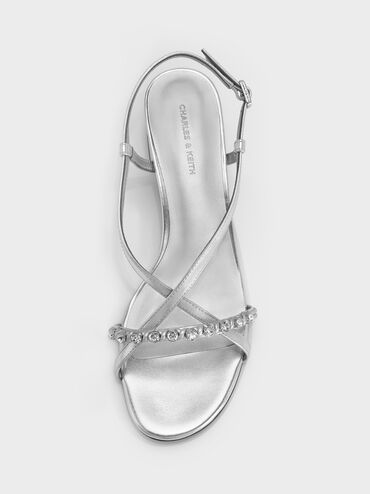 Metallic Gem Heeled Slingback Sandals, Silver, hi-res