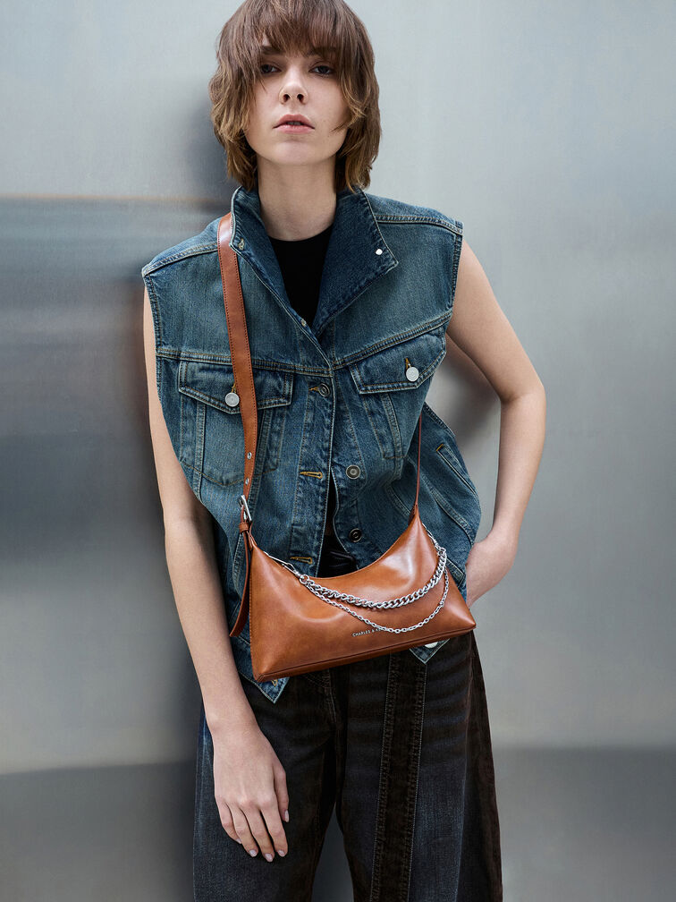 Atwood Chain-Embellished Shoulder Bag, Distressed Tan, hi-res