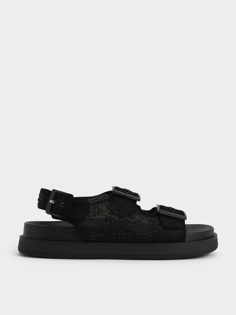 Beaded Mesh Flatform Sandals, Black, hi-res