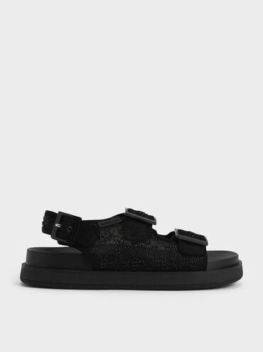 Beaded Mesh Flatform Sandals, Black, hi-res