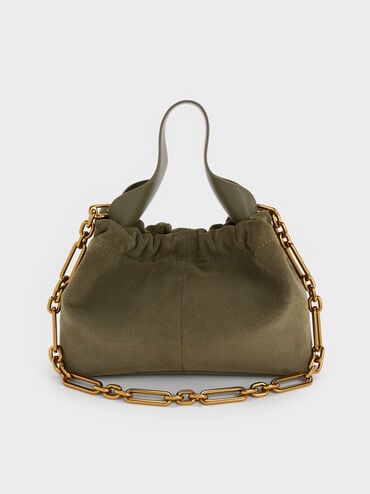 Ally Recycled Suede Ruched Slouchy Chain-Handle Bag, Deep Olive, hi-res