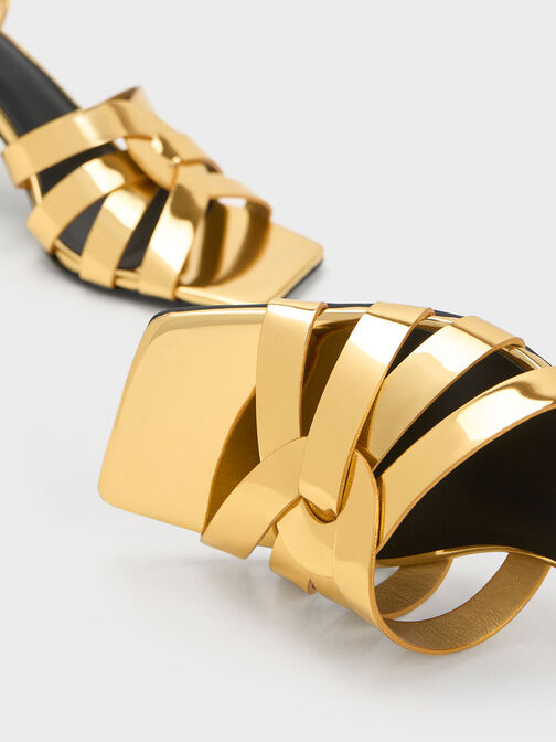 Interwoven Metallic Block Heel Sandals, Gold, hi-res
