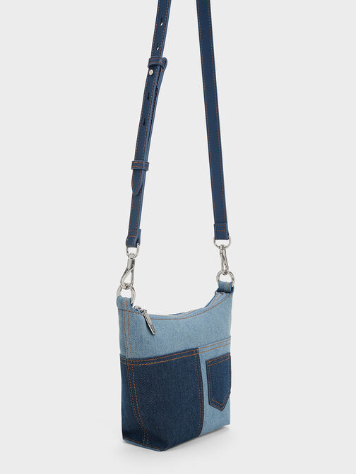 Anthea Denim Contrast-Trim Shoulder Bag, Denim Blue, hi-res