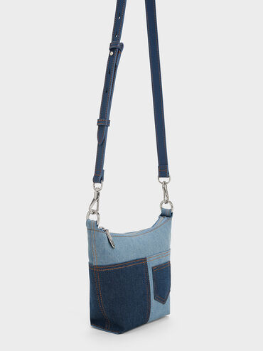 Anthea Denim Contrast-Trim Shoulder Bag, Denim Blue, hi-res