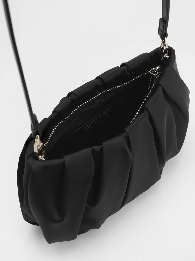 Satin Ruched Bead-Handle Bag, Noir, hi-res
