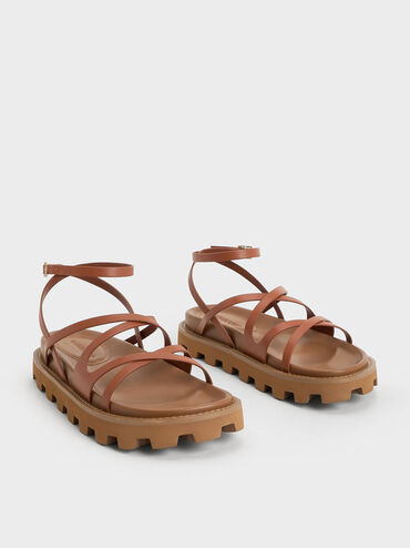 Crossover Ankle-Strap Sandals, Cognac, hi-res