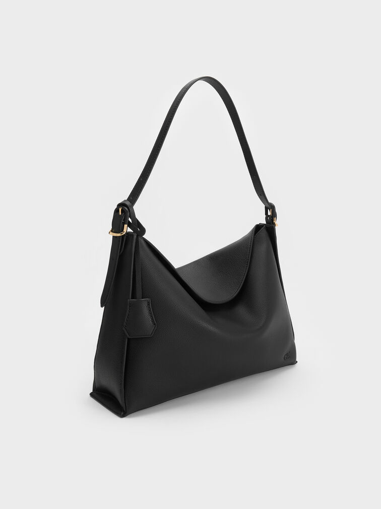 Large Leather Top-Flap Hobo Bag, Black, hi-res