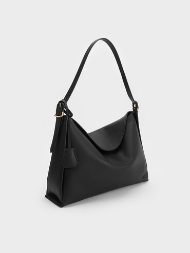Large Leather Top-Flap Hobo Bag, Black, hi-res