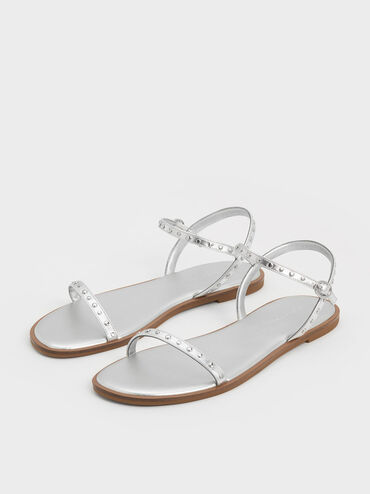 Metallic Studded Open-Toe Sandals, Silver, hi-res