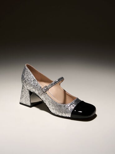 Patent Glittered Trapeze-Heel Mary Janes, Silver, hi-res