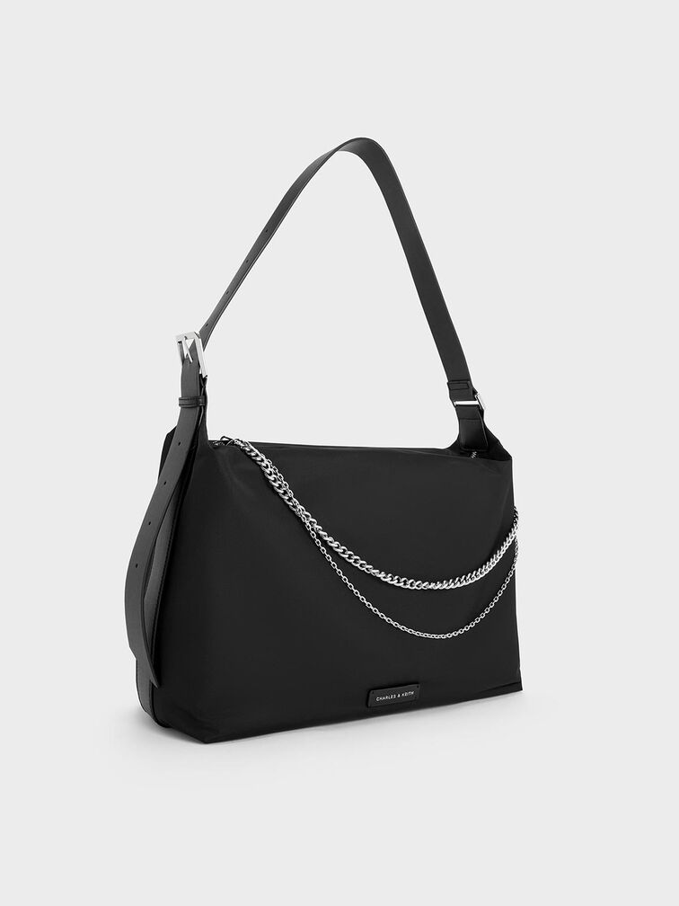Nylon Chain-Link Slouchy Shoulder Bag, Noir, hi-res