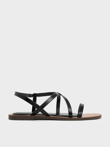 Asymmetrical Strappy Sandals, Black, hi-res