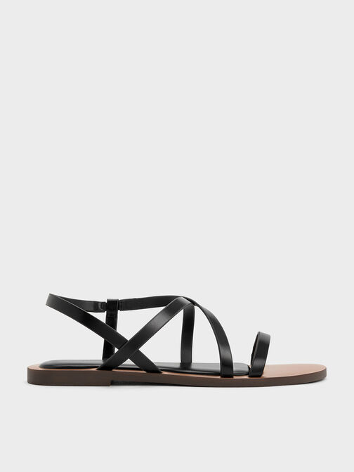 Asymmetrical Strappy Sandals, Black, hi-res