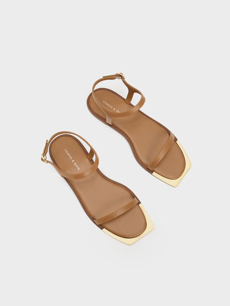 Metallic Square-Toe Sandals, Camel, hi-res