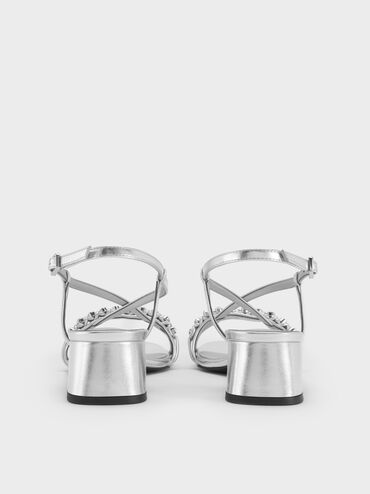 Metallic Gem Heeled Slingback Sandals, Silver, hi-res