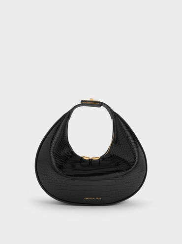 Croc-Embossed Crescent Hobo Bag, Black, hi-res