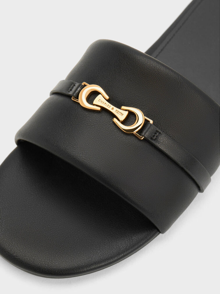 Metallic Accent Round-Toe Slide Sandals, Black, hi-res