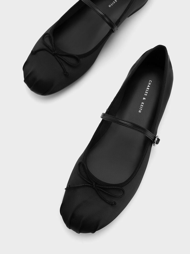 Satin Bow Mary Jane Flats, Black, hi-res