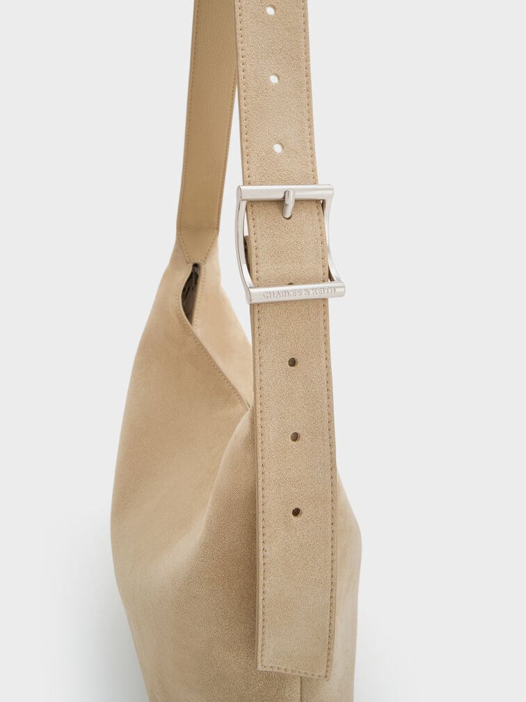 Larsen Recycled Suede Buckle-Strap Hobo Bag, Nutmeg Beige, hi-res