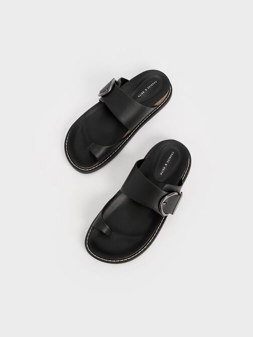 Metallic Buckle Toe-Ring Sandals, Black, hi-res