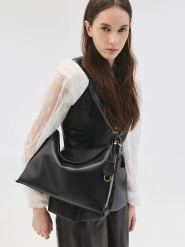 Large Leather Top-Flap Hobo Bag, Black, hi-res