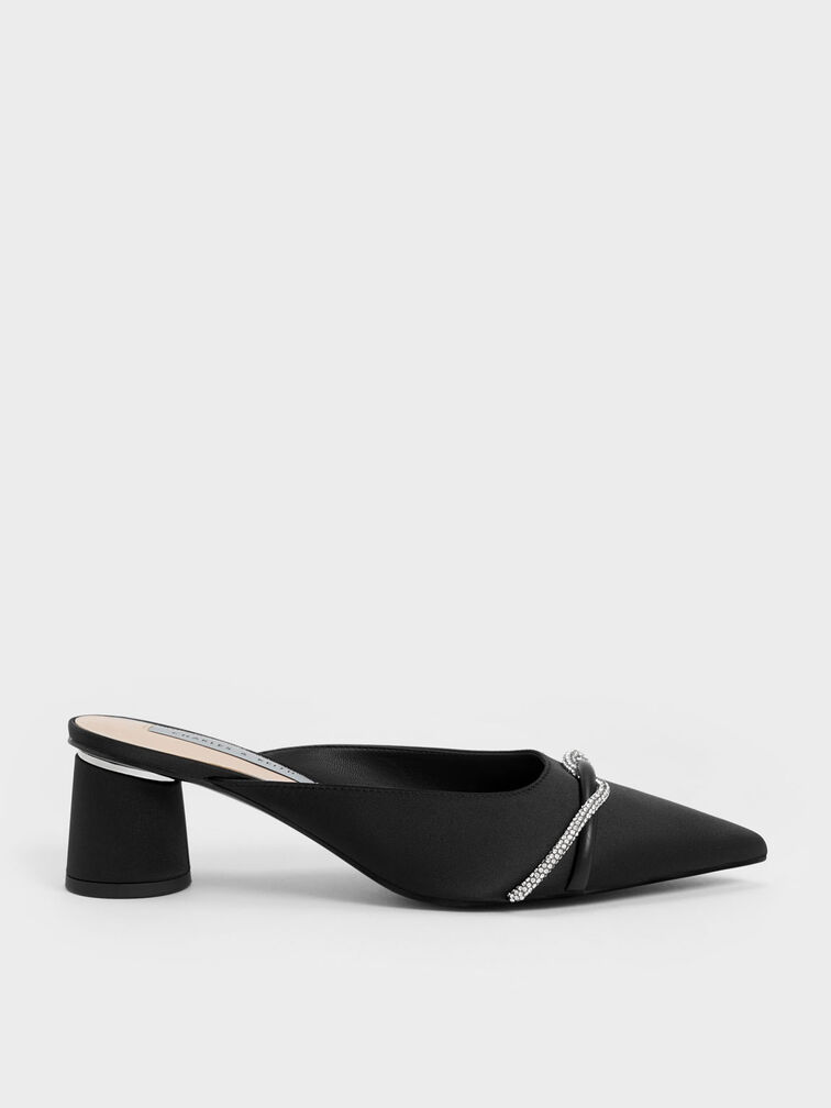 Twist Detail Satin Mules, Black, hi-res
