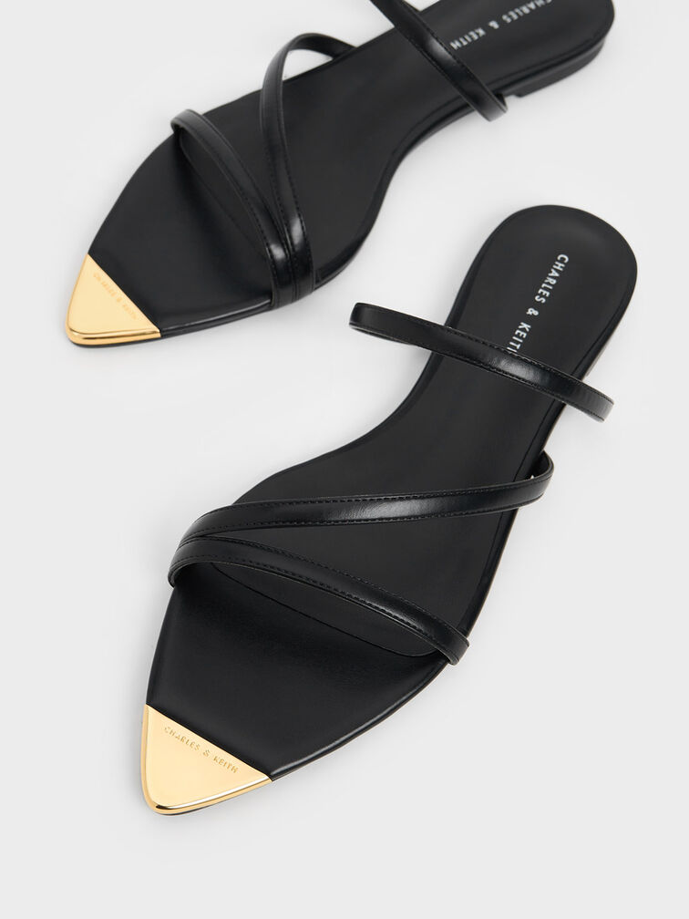 Metallic Cap Strappy Sandals, Black, hi-res