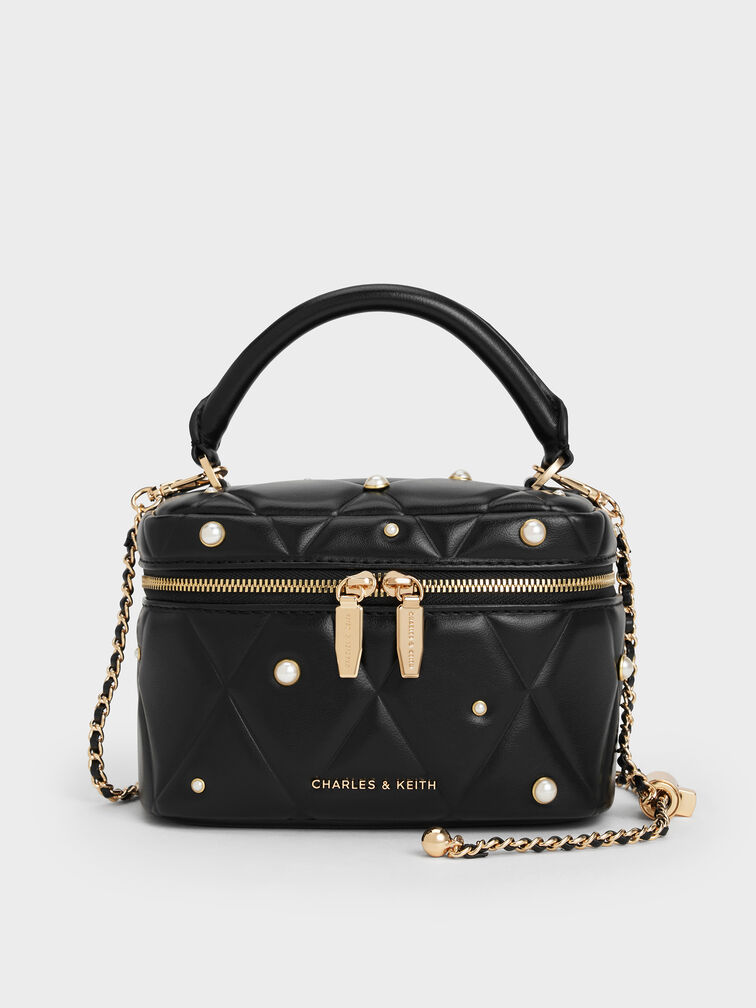 Arwen Quilted Pearl-Embellished Top Handle Vanity Bag, Black, hi-res