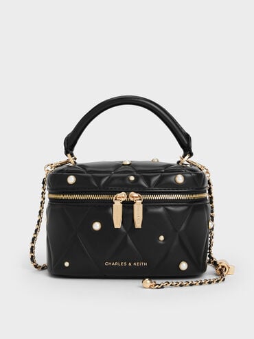 Arwen Quilted Pearl-Embellished Top Handle Vanity Bag, Black, hi-res