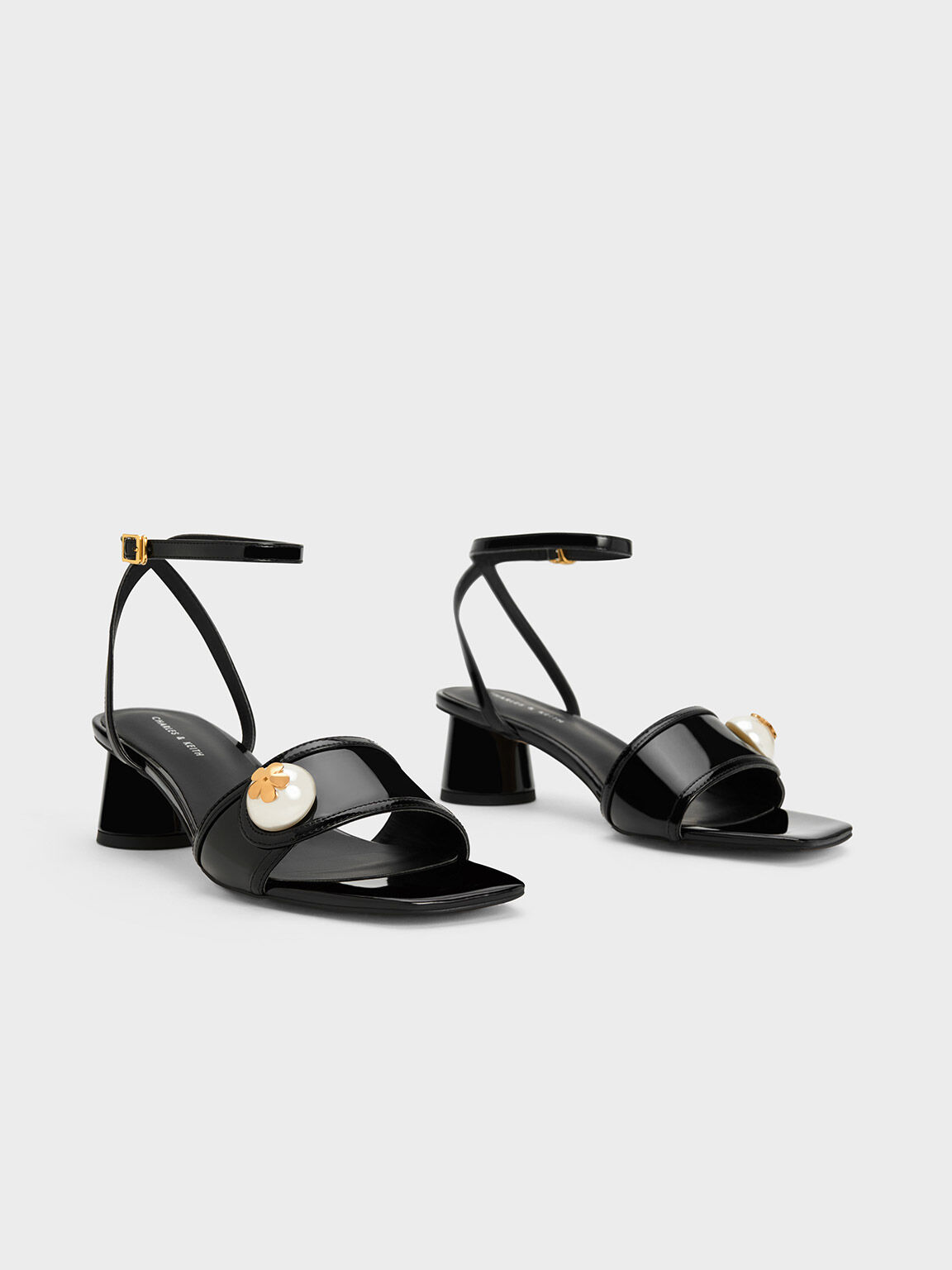 Pearl Embellished Patent Sandals Black Patent