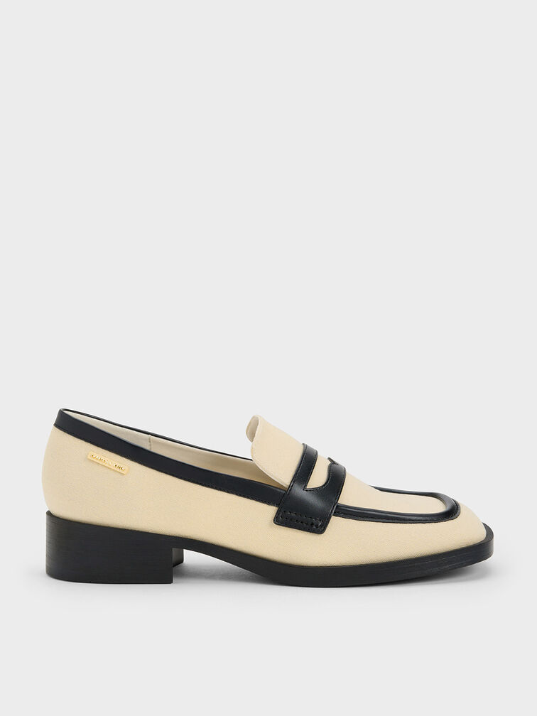 Canvas Cut-Out Penny Loafers, Black Textured, hi-res