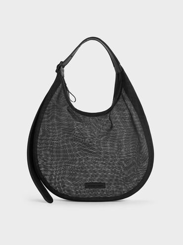 Mesh Crescent Hobo Bag, Jet Black, hi-res